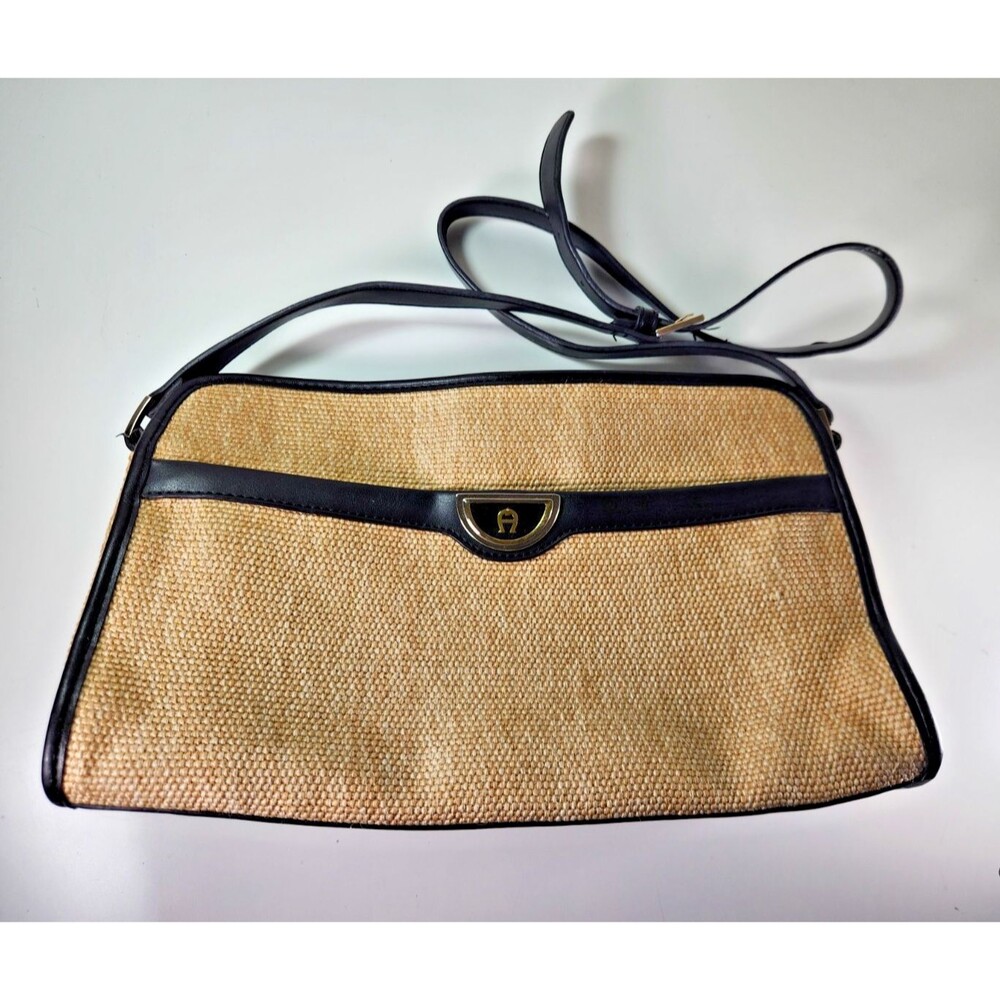 Etienne Aigner Classic Jute Black Strap Adjustable Shoulder Purse Bag